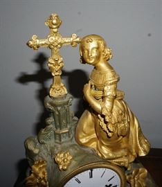 Joan of Arc clock - markings include Farret (a Paris), Medaille d'or Pons 1827 on the works, Boulanger and A. Chalon on the face