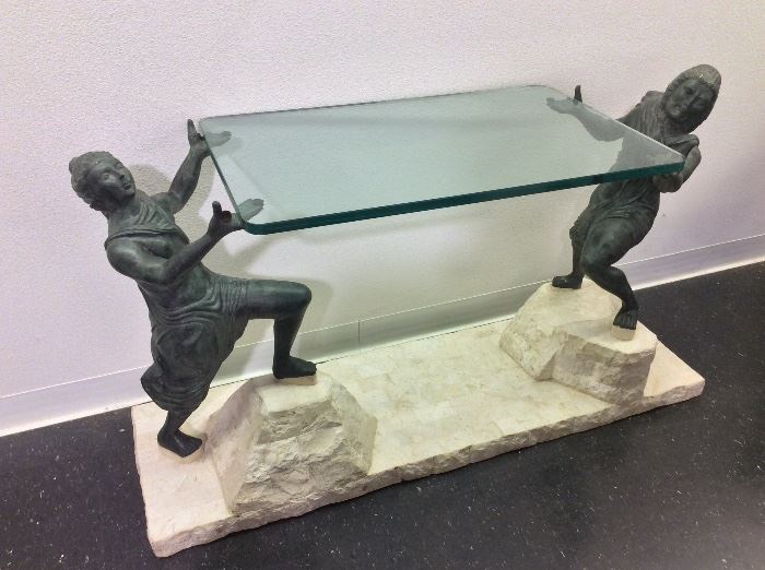 Art Nouveau Glass Top Table. 54” W x 20” D x 28”H.