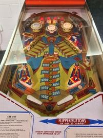Gottlieb 1974 Far Out 4-Player Pinball Machine. Two banks of 5 drop targets, 3 pop bumpers, 2 slingshots, two 3" flippers, one side rebound kicker, and one side return ball gate. Great overall condition. Back Glass is clean. Purchased in Switzerland. Runs on 220 V. Add to your collection!