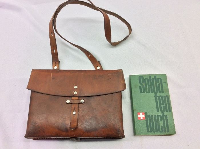 Vintage Swiss Armed Forces Leather Satchel and Field Manuals. 