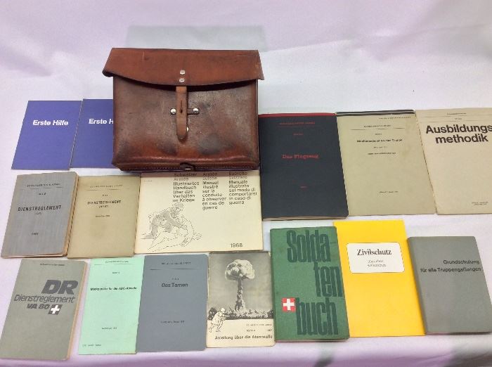 Vintage Swiss Armed Forces Leather Satchel and Field Manuals. 