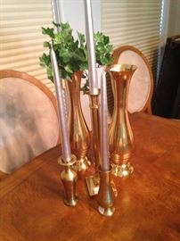 Brass candle holders and vases