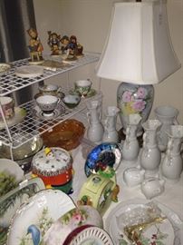 Hand painted lamp and plates; vases; cups & saucers; German Hummel figurines