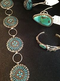 Very fine sterling and turquoise belt and rings