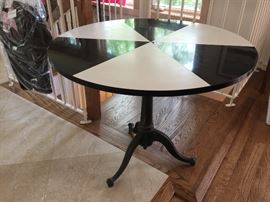 41. Black and White Formica Round Tilt Top Table w/ Black Wrought Iron Drafting Table Antique Base (36'' x 30'') 