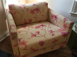 8. Pair of Richter Gold Floral Contemporary Club Chairs w/ Chrome Base (35'' x 36'' x 33'')