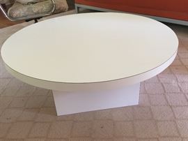 17. Custom White Round Formica Coffee Table w/ Square Base (36'' x 14'')