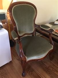 25. Olive Velvet w/ Braid Trim Queen Anne Chair w/ Cherry Frame (26'' x 23'' x 38'')