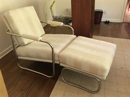 5. Cream Windowpane Contemporary Arm Chair w/ Chrome Frame and Matching Ottoman (26'' x 36'' x 32'')