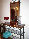 Another nice table with wrought iron base - large Gorham vase - wall mirror