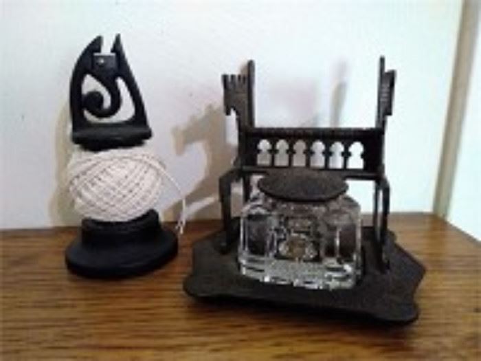 Antique Cast Iron Inkwell and Yarn Baller