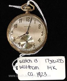  14 Karat Gold 17 Jewels Pocket Watch by “Waltham” circa 1923 