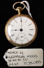  14 Karat Gold 15 Jewels Waltham Mass. Pocket Watch by “H.W.W. Company” 
