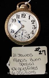  10 Karat Gold Filled 21 Jewels 6 Position Illinois Bunn Special Pocket Watch 