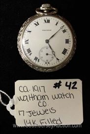  14 Karat Gold Filled 17 Jewels Pocket Watch by “Waltham Watch Company” 