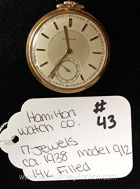  14 Karat Gold Filled 17 Jewels Model 912 Pocket Watch by “Hamilton Watch Company” circa 1938 
