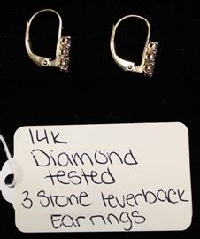  14 Karat Gold 3 Diamond Stone Lever Back Earrings 
