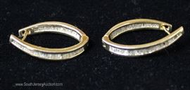  10 Karat Gold Baguette Cut Diamond Hoop Earrings 