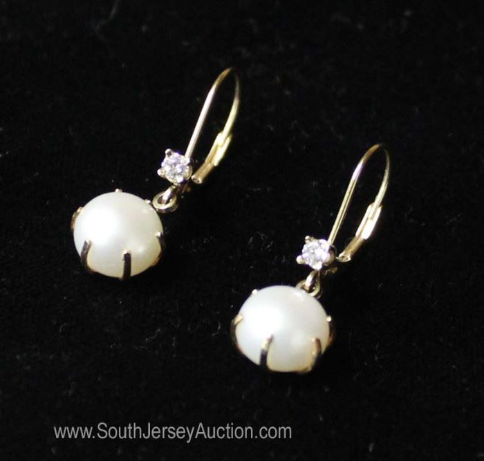 14 Karat Gold Lever Back Diamond Earrings with Pearl Style Dangles 