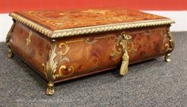 BEAUTIFUL Elaborate Inlaid French Music Box Jewelry Box with Key in Working Condition Made in Italy Sorrento Specialty Limited with Saint Croix Switzerland Music Player
Located Inside – Auction Estimate $200-$400

