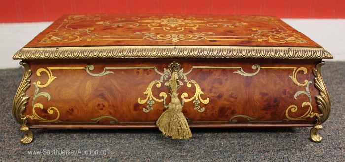 BEAUTIFUL Elaborate Inlaid French Music Box Jewelry Box with Key in Working Condition Made in Italy Sorrento Specialty Limited with Saint Croix Switzerland Music Player
Located Inside – Auction Estimate $200-$400
