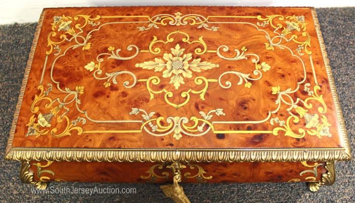 BEAUTIFUL Elaborate Inlaid French Music Box Jewelry Box with Key in Working Condition Made in Italy Sorrento Specialty Limited with Saint Croix Switzerland Music Player
Located Inside – Auction Estimate $200-$400
