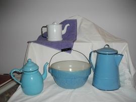 Enamelware coffee pots and "Venitian" pottery bowl