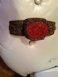 Antique Chinese Carved Cinnabar and silver cuff bracelet, gorgeous