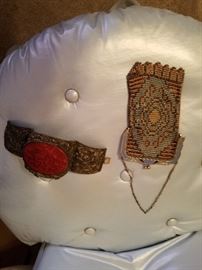 Beautiful hand beaded purse and chinese cinnabar cuff bracelet