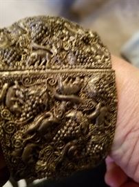 Silver Repose Cuff bracelet, beautiful detailing, Chinese cinnabar silver cuff bracelet