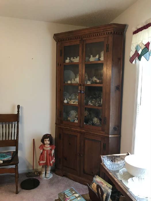 Antique Pine Corner Cabinet and antique Doll and oak spindle back chair 