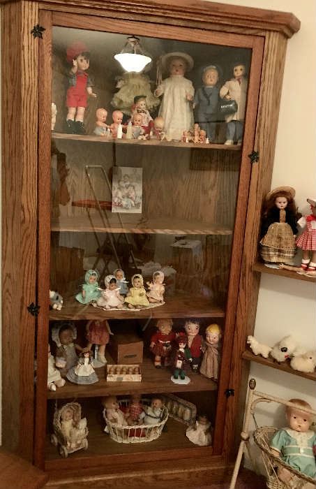 Hand Made Oak Doll Cabinet , Vintage Dolls 