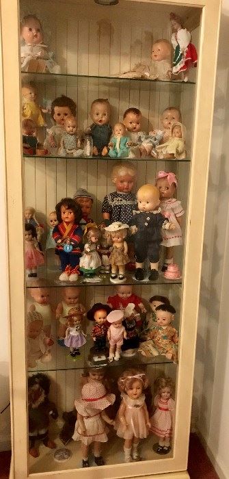White Curio Cabinet , Vintage Dolls 