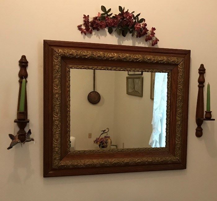 Antique mirror in 3 part frame and pair of hanging sconces 
