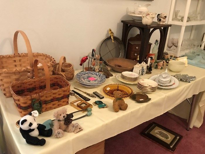 Hand made baskets , Antique small table , toys and China 