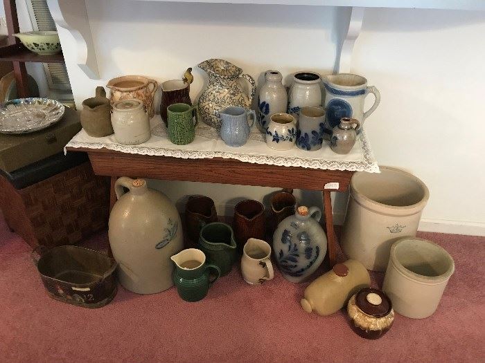 Collection of salt glaze stoneware and other pottery pieces 