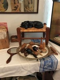 Vintage farming tools , woven stool, old mirror