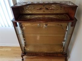 Antique Art Nouveau Curio Cabinet, fluted glass rounded corners with silver overlay sliding doors, step back top with gold overlay...Rare! 