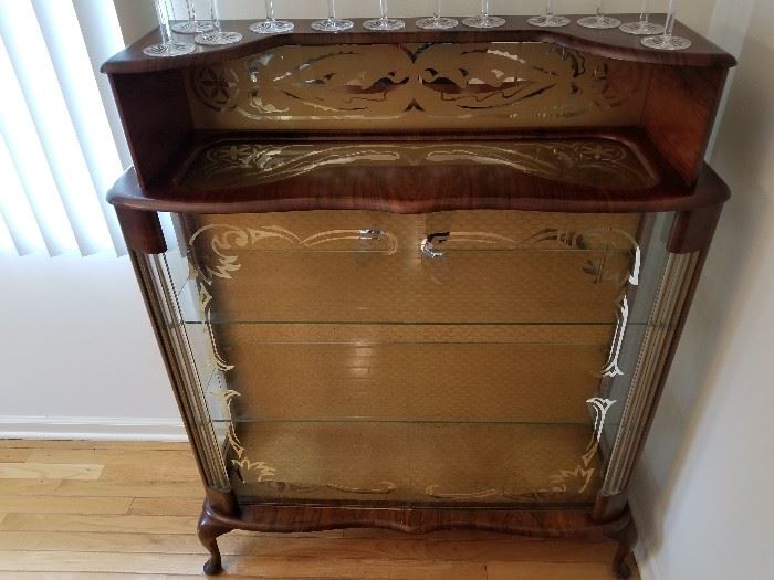 Antique Art Nouveau Curio Cabinet, fluted glass rounded corners with silver overlay sliding doors, step back top with gold overlay...Rare! 