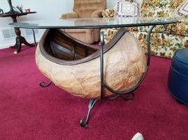 Vintage Adirondack miniature Bark Canoe, preened iron and glass coffee table