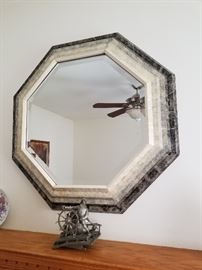 vintage FOSSIL STONE Beveled Frame Octagon Mirror...Icy Charcoal Silver coloring...Nice! 
