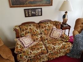 Colonial style Couch, Large ceramic New England Fisherman Lamp, framed Sailors knots, matching pair of tufted velvet recliners