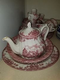 29pc Staffordshire "Churchill" dinnerware  pink & white "The Brook" pattern