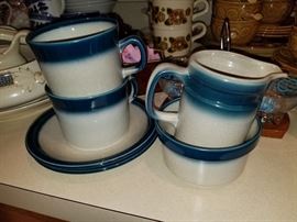 Wedgewood "Pacific Blue" Coffee/Chocolate pot, 2 cups and saucers, creamer and sugar