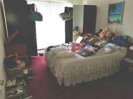 Mirrored Cabinets, Full size Mattress set/Headboard, room full of New tagged clothing, shoes, vintage lingerie, yarn, albums...etc etc 