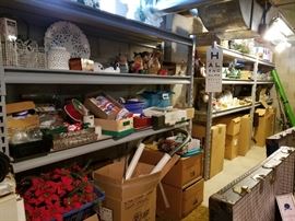 Shelves full of Ribbons, Paints, ceramics, glassware, coin sets, Liquor advertising glass, vintage ashtrays, etc