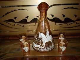 antique Blown pink glass English Hunt Decanter and 4 matching shot glasses