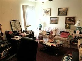 Office Desk, Sheraton Inlaid coffee table, matched pair Ceramic lamps, Vintage Lady Norelco Home Beauty Salon, Vintage Tartanware  record carrier with 45's, Amelia Earhardt overnighter, Boxes of Stationary, writing and graph paper, envelopes, cards, Princess Diana Wedding slides..Room Packed!