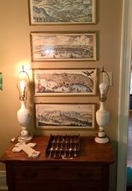 Pair alabaster lamps and framed German prints.