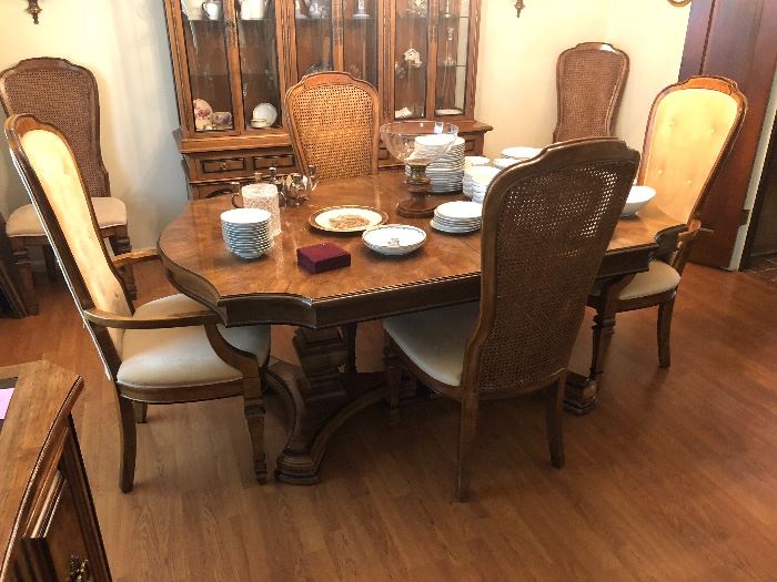 Pecan Country French style formal dining table with 6 chairs and 2 leaves and pads